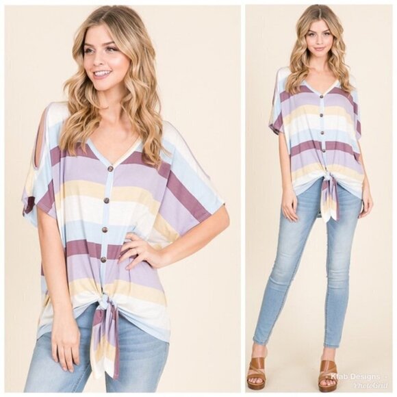 Cold Shoulder Lilac Multi Stripe Top - Picture 2 of 3